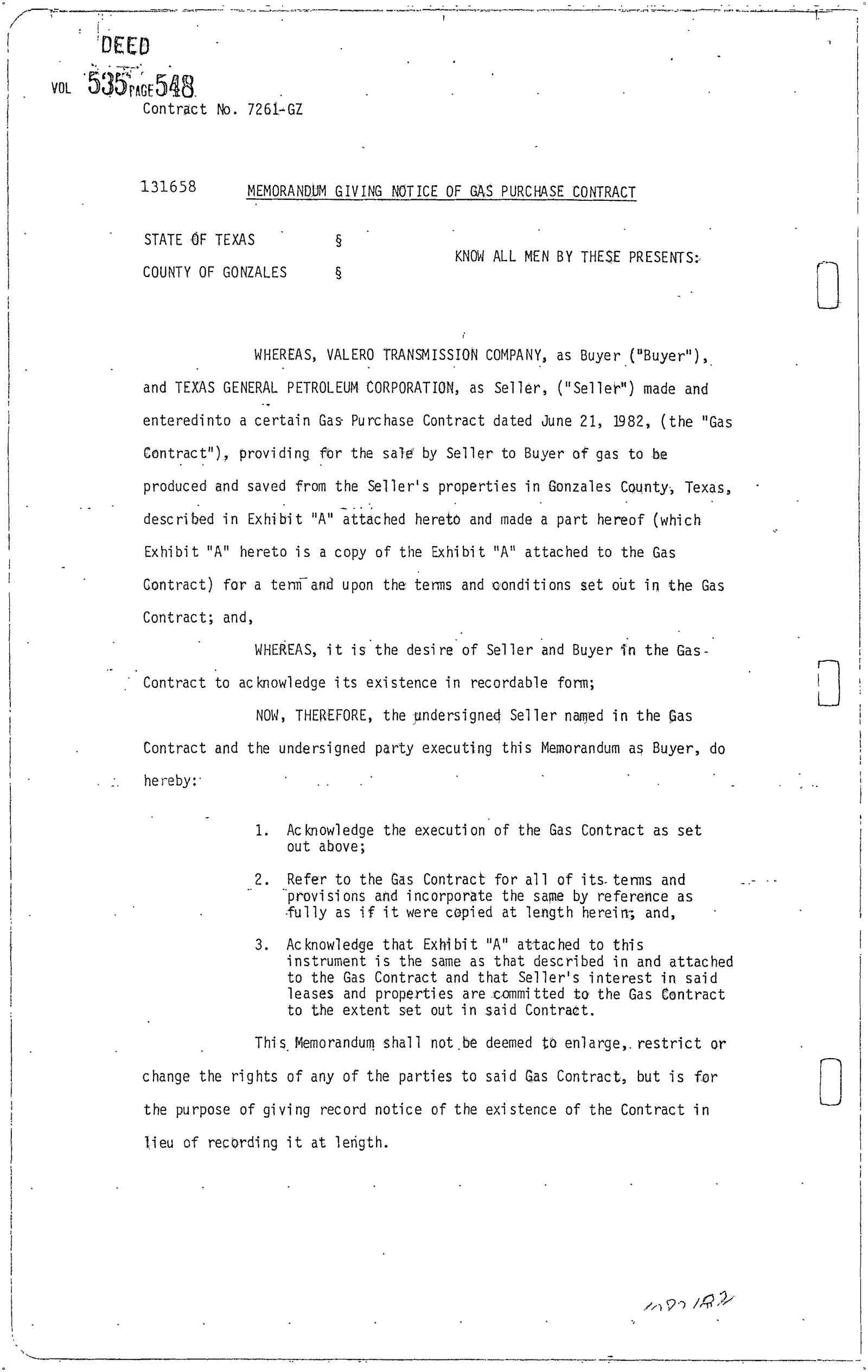 Texas General Petroleum Corp - Recorded Memorandum (Vol. 535, Page 548)