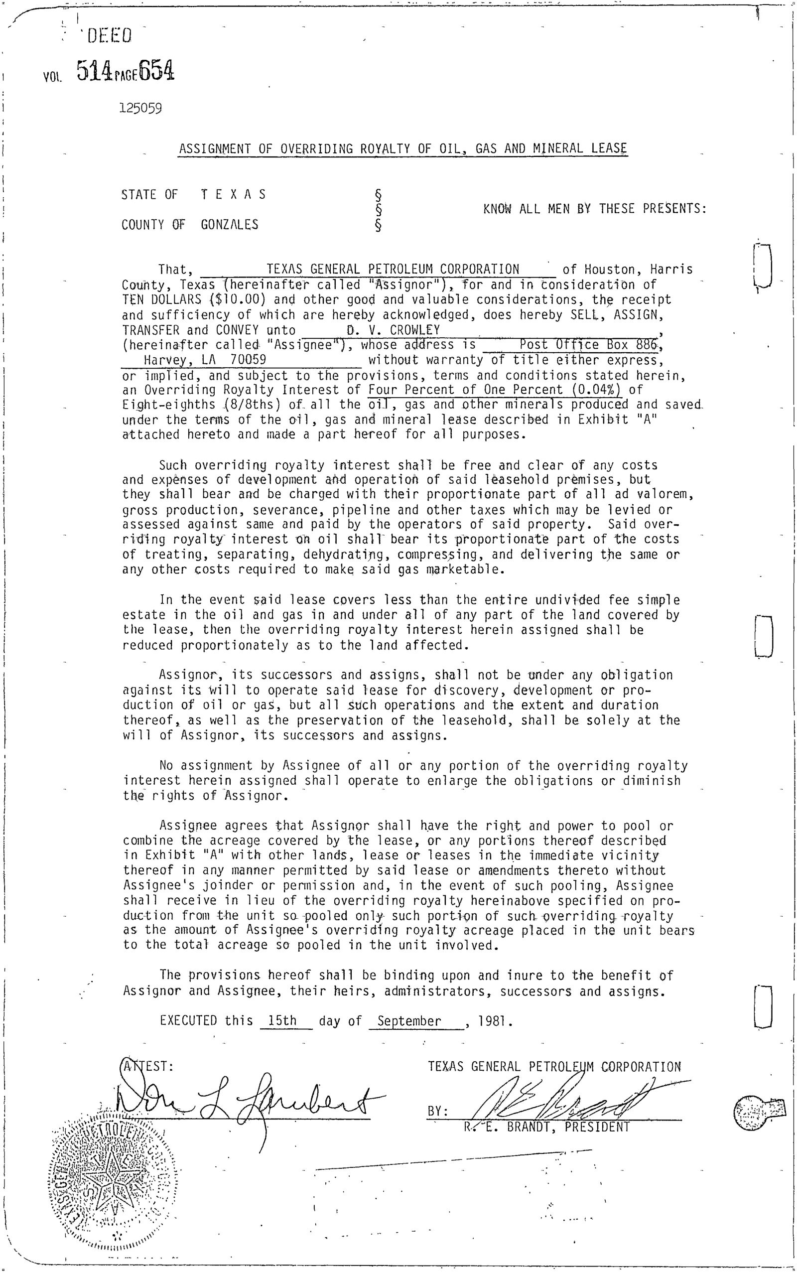 Texas General Petroleum Corp - Recorded Assignment Overriding Royalty (Vol. 514, Page 654)
